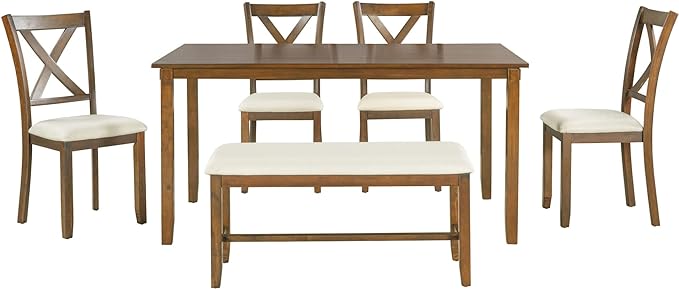 Farmhouse 6-Piece Wood Rectangular Dining Table Set with Bench and 4 Upholstered Chairs for Kitchen, Breakfast Nook, Living Room, Natural Cherry, 60" L x 36" W x 30" H - LeafyLoom