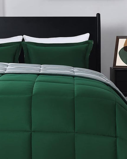 downluxe Queen Comforter Set(88"x92") 3-Piece,Stripes Green Reversible Comforter,2 Reversible Pillow Shams 20"x26",Microfiber Queen Comforter,Soft and Comfortable - LeafyLoom