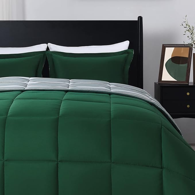 downluxe Queen Comforter Set(88"x92") 3-Piece,Stripes Green Reversible Comforter,2 Reversible Pillow Shams 20"x26",Microfiber Queen Comforter,Soft and Comfortable - LeafyLoom
