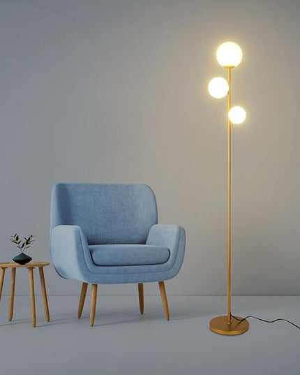 3 Globe Mid Century Modern Floor Lamp for Living Room, Contemporary Gold Lamp with Frosted Glass Shade and Bulbs Included, LED Standing Tall Pole Lamp for Bedrooms, Office - Antique Brass - LeafyLoom