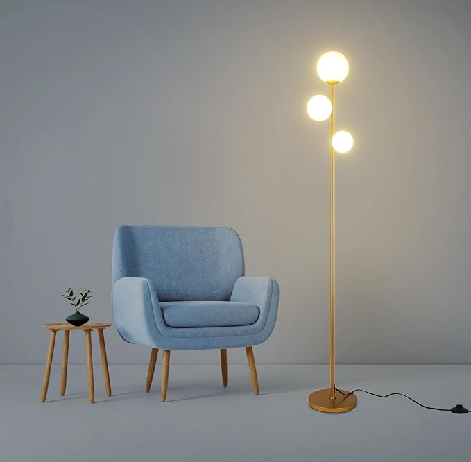 3 Globe Mid Century Modern Floor Lamp for Living Room, Contemporary Gold Lamp with Frosted Glass Shade and Bulbs Included, LED Standing Tall Pole Lamp for Bedrooms, Office - Antique Brass - LeafyLoom