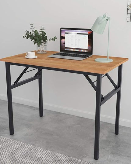SDHYL 39 inchesNo Assembly Foldable Computer Desk for Home Office Workstation, Study and Writing, Teak Board and Black Leg - LeafyLoom