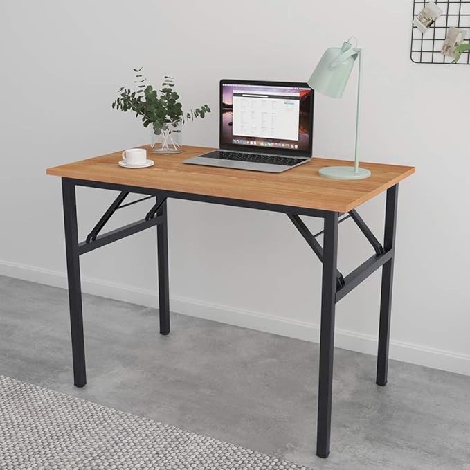 SDHYL 39 inchesNo Assembly Foldable Computer Desk for Home Office Workstation, Study and Writing, Teak Board and Black Leg - LeafyLoom