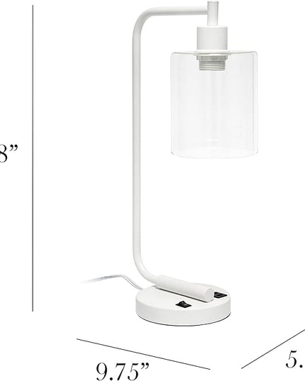 Simple Designs LD1066-WHT-LB Industrial Vintage Bronson Iron Lantern Desk Table Lamp with USB Port and Glass Cylinder Shade for Office, Living Room, Bedroom, White, with Feit LED Bulb Included - LeafyLoom