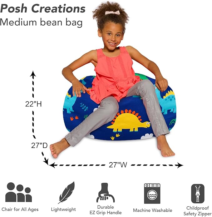 Posh Creations Bean Bag Chair for Kids, Teens, and Adults Includes Removable and Machine Washable Cover, Canvas Dinos on Blue, 27in - Medium - LeafyLoom