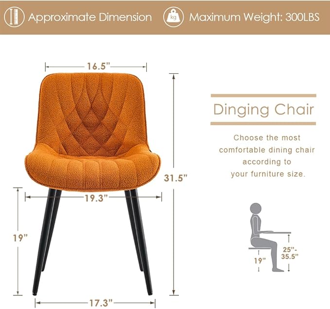 YOUNUOKE Comfortable Dining Chairs Set of 2, Mid-Century Modern Kitchen Dining Room Chairs, Upholstered Backrest Boucle Dining Chair with Black Metal, Orange - LeafyLoom