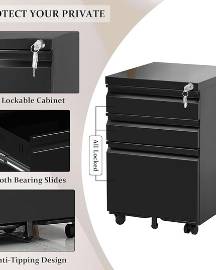 3-Drawer Mobile File Cabinets Rolling Metal Filing Cabinet for Legal & Letter File Anti-tilt Design with Lock Under Desk Office Drawers Fully Assembled Except Casters Black - LeafyLoom