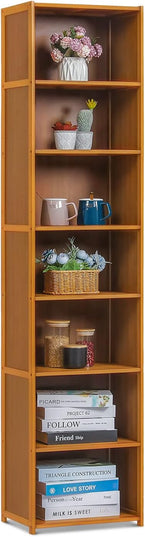 MoNiBloom Bamboo 7 Tier Free Standing Tall Bookcase Narrow Display Storage Shelves Collection Décor Furniture for Home Living Room Study Room, Brown - LeafyLoom