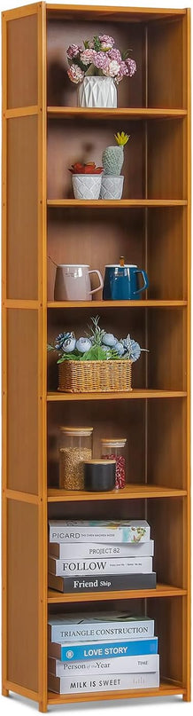 MoNiBloom Bamboo 7 Tier Free Standing Tall Bookcase Narrow Display Storage Shelves Collection Décor Furniture for Home Living Room Study Room, Brown - LeafyLoom