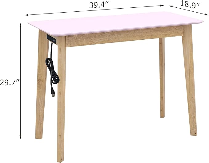 TaoHFE Pink Vanity Table with Rubber Wood Legs Small Spaces Girl Vanity Desk Glossy Pink 39 Inch Makeup Desk with USB Dressing Table No Mirror Computer Desk for Home Modern Vanity Desk for Bedroom - LeafyLoom