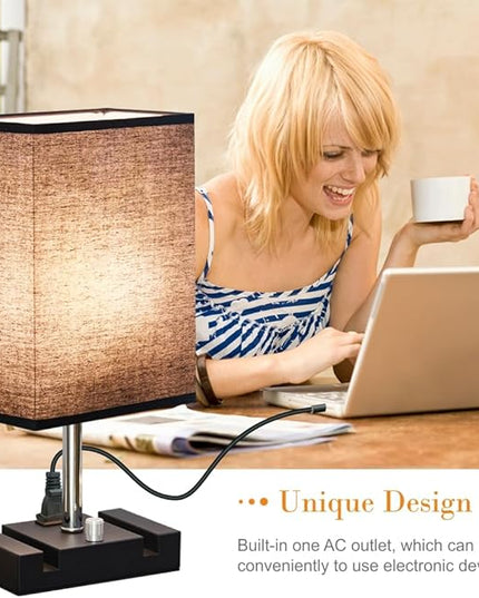 Fully Dimmable Nightstand Lamp for Bedroom with AC Outlet, Table Lamp with Two Phone Stands, Bedside Lamps, Desk Lamp for Bedroom, Living Room, LED Bulb Included Black - LeafyLoom