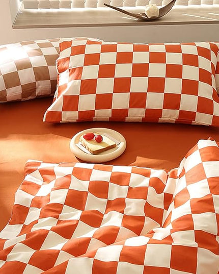Orange White Grid Comforter Set Full Burnt Orange Plaid Bedding Set Girls Reddish and White Checkered Bed Comforter Set Breathable Blanket Set Kids Durable Bedding Comforter Set - LeafyLoom