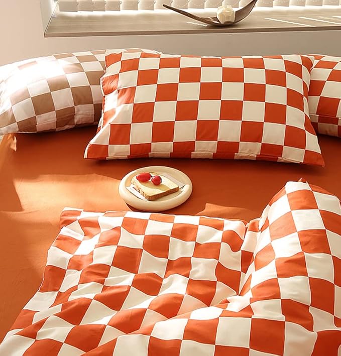 Orange White Grid Comforter Set Queen Burnt Orange Plaid Bedding Set Women Reddish and White Checkered Bed Comforter Set Breathable Blanket Set Men Durable Bedding Comforter Set - LeafyLoom