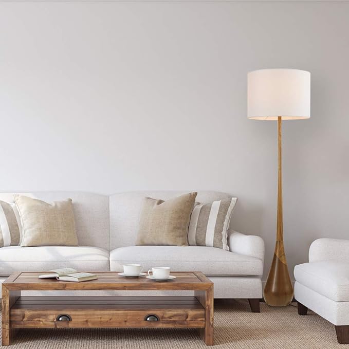 Globe Electric Novogratz x 67225 65" Floor Lamp, 2-Tone Wood Toned Base, White Fabric Shade, Socket Rotary Switch, Living Room Décor, Reading Light, Home Essentials, Bedroom, Office Accessories - LeafyLoom