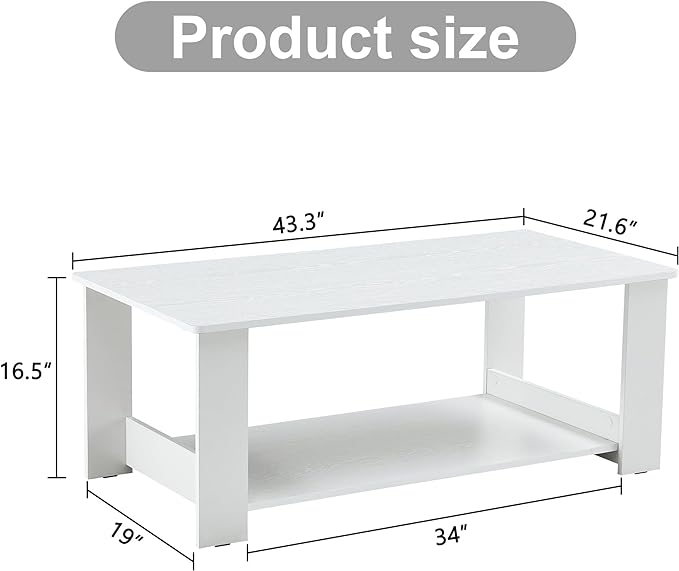 Farmhouse Wood Coffee Table - Boho Tea Table with Storage Shelf, Rectangle Center Table Wood Look Accent Table, 2-Tier Sofa Side Table Modern Rectangular Coffee Table Living Room Furniture - LeafyLoom