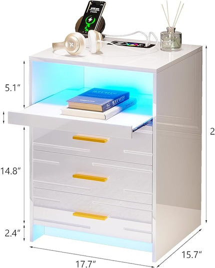 HNEBC RGB LED Nightstand with Wireless Charging Station, Smart Night Stand with 3 Drawers and Sliding Tray, Modern Bedside Table for Bedroom Furniture, High Gloss End Sofa Tables (B White) - LeafyLoom