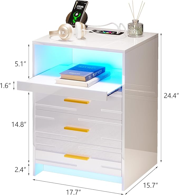 HNEBC RGB LED Nightstand with Wireless Charging Station, Smart Night Stand with 3 Drawers and Sliding Tray, Modern Bedside Table for Bedroom Furniture, High Gloss End Sofa Tables (B White) - LeafyLoom