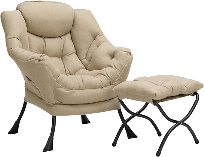 AbocoFur Modern Fabric Lazy Chair and Folding Footrest Stool Set, Accent Contemporary Lounge Chair and Portable Ottoman, Steel Frame Leisure Sofa Chair and Metal Cotton Footstool, Coffee&White - LeafyLoom