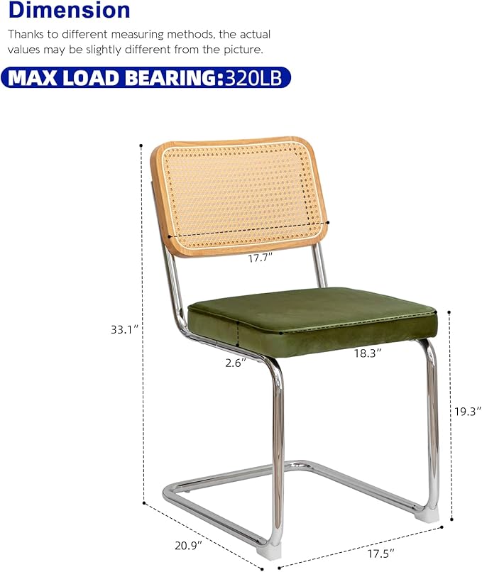 Dining Chairs Set of 2, Velvet Rattan Side Accent Chairs with Chrome Legs, Modern Mid Century Breuer Designed Chairs, Upholstered Dining Living Room Kitchen Chairs (Olive Green-2pcs) - LeafyLoom