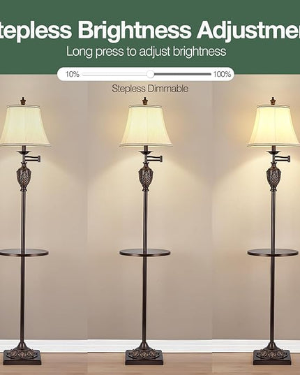 Traditional LED Floor Lamp with 350° Adjustable Swing Arm Lamp – Vintage Standing Pole lamp for Living Room, Bedroom and Office – Rustic Upright Floor Light for Home Décor with Silk Fabric Shade - LeafyLoom