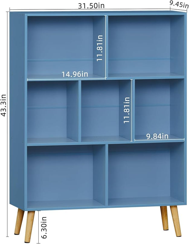 YAHARBO 7 Cube Bookshelf, Blue Kids Book Shelf with Cubby Storage,Wooden Modern Bookcase with Legs,3 Tier Freestanding Display Book Case,Children Toy Organizer,Bookshelves for Office,Nursery,Playroom - LeafyLoom