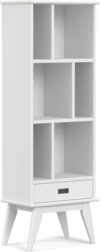 SIMPLIHOME Draper SOLID HARDWOOD 64 inch x 22 inch Mid Century Modern Bookcase and Storage Unit in White for The Living Room, Study Room and Office - LeafyLoom