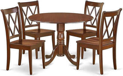 East West Furniture DLCL5-MAH-W Dublin 5 Piece Room Set Includes a Round Dining Table with Dropleaf and 4 Wood Seat Chairs, 42x42 Inch - LeafyLoom
