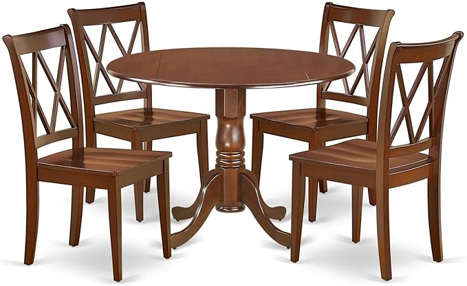 East West Furniture DLCL5-MAH-W Dublin 5 Piece Room Set Includes a Round Dining Table with Dropleaf and 4 Wood Seat Chairs, 42x42 Inch - LeafyLoom