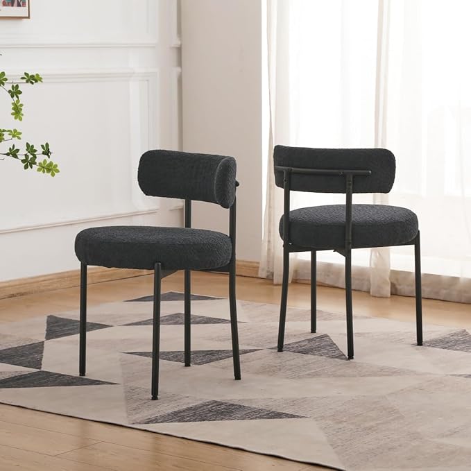 EDWELL Black Boucle Dining Chairs Set of 2, Mid Century Modern Kitchen Dining Chairs with 3.94” Cushions and Metal Legs, Round Upholstered Boucle Chairs for Kitchen, Living Room - LeafyLoom