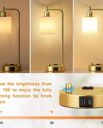 Innqoo Industrial Table Lamps for Bedroom Set of 2 - Fully Dimmable Bedside Lamps with USB Ports and Outlet, Gold Nightstand Lamps with Opal Glass Shade for Living Room, Desk Lamps for Office Reading - LeafyLoom