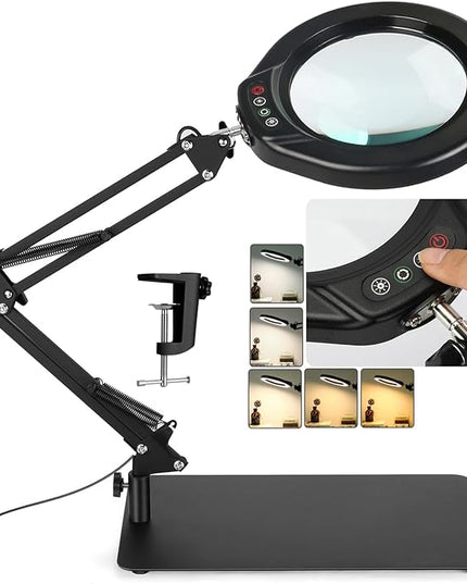 Veemagni 5 Inch Large Magnifying Glass with Light and Stand, 5 Color Modes Stepless Dimmable 10X Glass Lens, Hands Free 2-in-1 Desk Lamp & Clamp, LED Lighted Magnifier for Repair Crafts Close Work - LeafyLoom