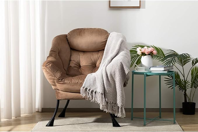 HollyHOME Modern Fabric Large Lazy Chair, Accent Oversized Comfy Reading Chair, Thick Padded Cozy Lounge Chair with Armrest, Steel Frame Leisure Sofa Chair for Living Room, Bedroom, Dorm, Dark Brown - LeafyLoom
