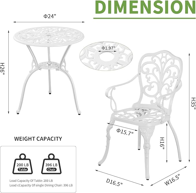Patio Bistro Set 3 Piece Cast Aluminum Outdoor Bistro Set, Rust Resistance Bistro Table and Chairs of 2 with Umbrella Hole, Small Patio Set for Garden Outside, White - LeafyLoom