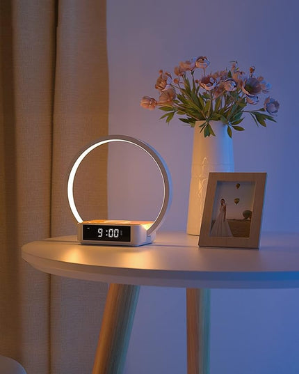 Amouhom Table Lamp, 18W Touch Lamp Alarm Clock with Wireless Charging Wake-Up Light, Digital Sonic 10W Max Qi Charger Nightstand Reading Lamps for Bedside, Reading, Home, Office - LeafyLoom