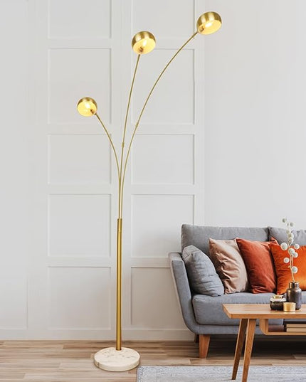 Depuley 3-Light Modern Floor Lamp, Dimmable Arc Floor Lamps with Marble Base, Multi Head Tall Standing Lamps with 350°/ 90° Rotating Lights for Living Room, Bedroom, Office(Gold, E12 Bulbs Included) - LeafyLoom