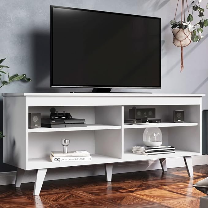 Madesa TV Stand Cabinet with 4 Shelves and Cable Management, Entertainment Center for TVs up to 55 Inches, Wooden, 23'' H x 15'' D x 53'' L – White - LeafyLoom