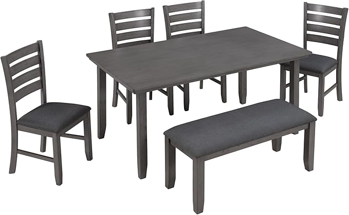 6-Piece Solid Wood Dinette Sets includes Rustic Kitchen Dining Table, 4 Upholstered Chairs & Bench, for Diningroom Living Room, Easy to Assemble, Gray 2 - LeafyLoom