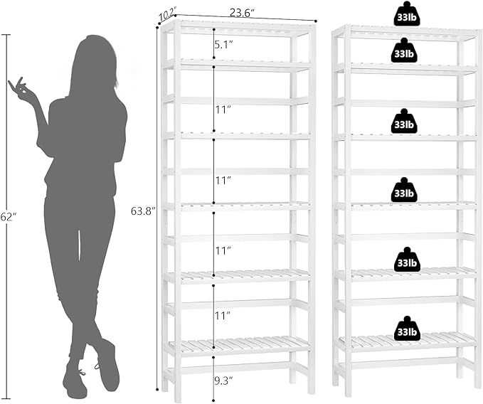 Homykic Bookshelf, 6-Tier Bamboo Adjustable 63.4” Tall Bookcase Book Shelf Organizer Free Standing Storage Shelving Unit for Living Room, Kitchen, Bedroom, Bathroom, Office, Rust Resistance, White - LeafyLoom
