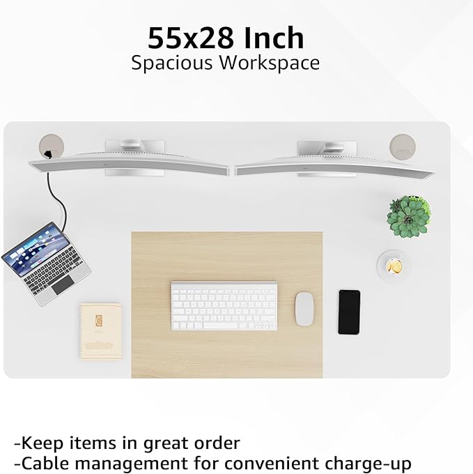 MOUNTUP 55x28 Inches Electric Height Adjustable Standing Desk, Sit Stand Desk with Memory Controller, Ergonomic Stand Up Desk for Home Office with Splice Board, White+Oak - LeafyLoom