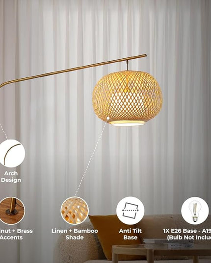 FOS - Modern Bohemian Chic Arch Floor Lamp with Woven Bamboo + Linen Shade - Brushed Brass Finish, Ambient Home Lighting in Living Room, Bedroom, Study, Nursery - LeafyLoom