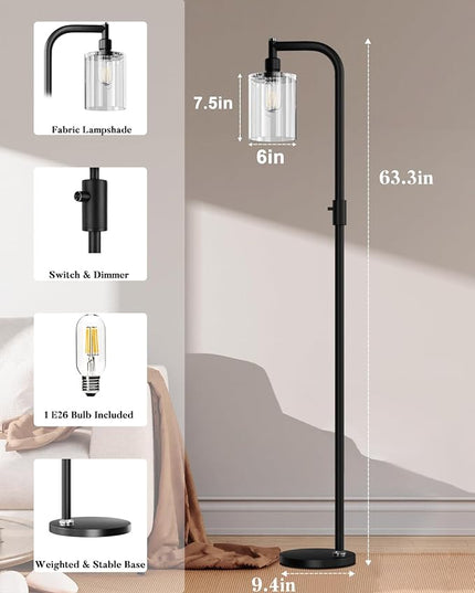 Lightdot 63IN Dimmable Industrial Floor Lamp, Black Modern Standing Lamps with Clear Glass Lampshade, E26 LED Bulb Included, Farmhouse Floor Lamp for Living Room Bedroom - LeafyLoom