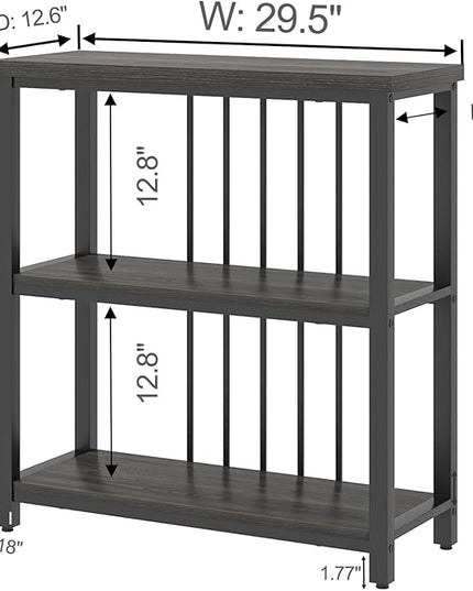 FOLUBAN 3 Tier Book Shelf, Modern Short Bookshelf for Small Space, Industrial Wood and Metal Bookcase for Bedroom, Living Room, Office (Dark Gray Oak) - LeafyLoom