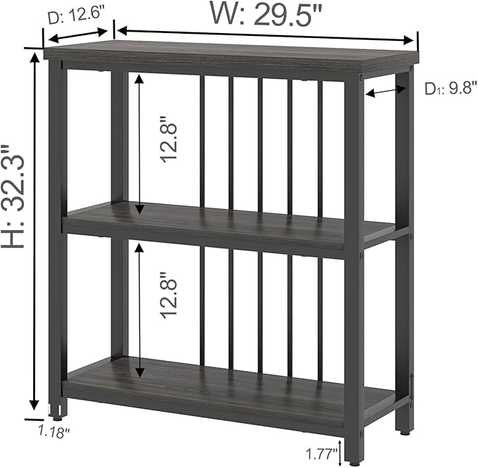 FOLUBAN 3 Tier Book Shelf, Modern Short Bookshelf for Small Space, Industrial Wood and Metal Bookcase for Bedroom, Living Room, Office (Dark Gray Oak) - LeafyLoom