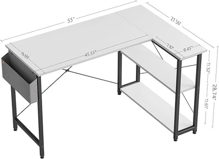 CubiCubi L Shaped Desk, 55 Inch Computer Desk with Reversible Storage Shelves Home Office Corner Desk Study Writing Table, White Top/Black Leg - LeafyLoom