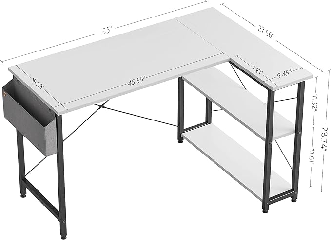 CubiCubi L Shaped Desk, 55 Inch Computer Desk with Reversible Storage Shelves Home Office Corner Desk Study Writing Table, White Top/Black Leg - LeafyLoom