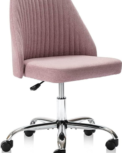 HOMEFLA Home Office Modern Linen Swivel Task Upholstered Fabric Desk Chair Armless with Wheels, Middle, Pink - LeafyLoom