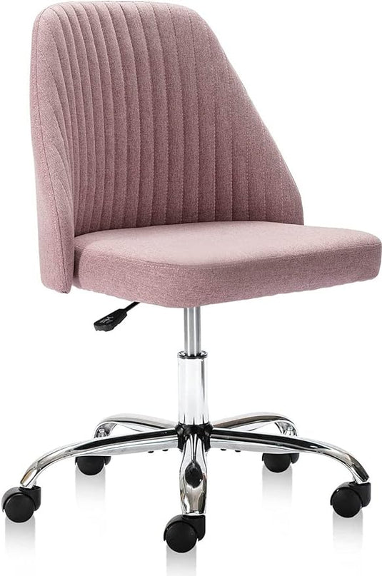 HOMEFLA Home Office Modern Linen Swivel Task Upholstered Fabric Desk Chair Armless with Wheels, Middle, Pink - LeafyLoom