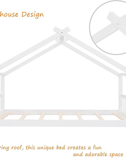 Montessori Floor Bed Frame Twin Size, Twin Floor Bed Frame with Headboard, Footboard and Slats, Wood Montessori Bed Frame/Montessori House Bed for Kids, Girls, Boys(White) - LeafyLoom