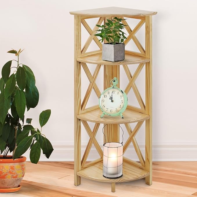 Casual Home Montego 3-Shelf Corner Folding Bookcase with Mantel Top, Natural - LeafyLoom