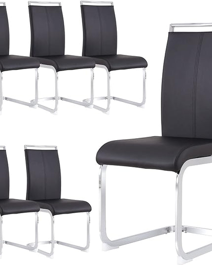 Dining Chairs Set, Kitchen Modern Metal Chairs with Faux Leather Padded Seat High Back and Sturdy Chrome Legs, Chairs for Dining Room (Black, Set of 6) - LeafyLoom